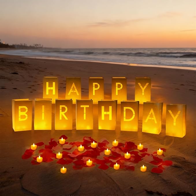 Happy Birthday Decoration for Men Women, Valentine’s Day Light Up Letters Luminary Bags with 30 Bright LED Candles, 2000 Rose Petals, 10 Balloons, Surprise Birthday Party Banner Signs