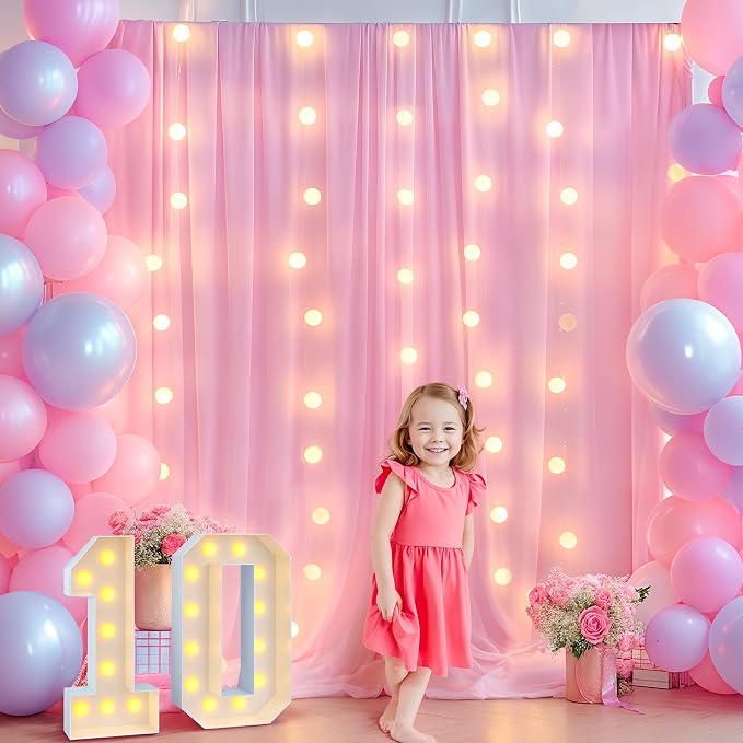 Pink Backdrop Curtain with Lights String for Parties,10x10FT Wrinkle Free Polyester Wedding Photo Backdrop Drapes for Baby Shower Birthday Ceremony Reception Home Party Decorations-5ft x 10ft,2 Panels