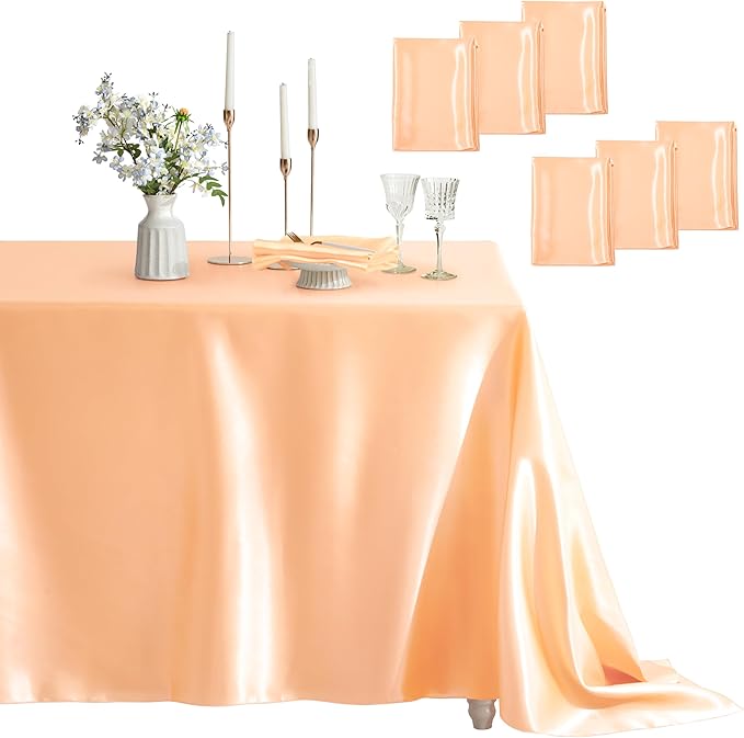 6 Pack Satin Table Cover Rectangle Silkly Soft Table Cloth, Satin Dining Table Cloths for Wedding Banquet Table Decoration, Dining Room, Indoor and Outdoor Use, 60 x 120 Inches, Peach