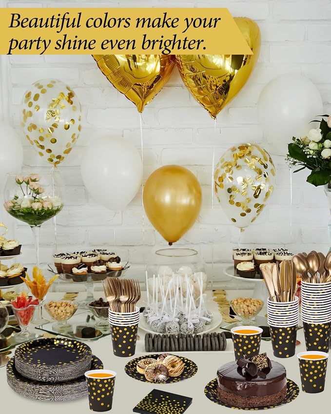 350 Pieces Party Supplies, Black and Gold Party Plates Cups and Napkins Sets with Plastic Knives forks spoons, Disposable Tableware Serves 50 Sets for Wedding, Birthday, Graduation, Festivals