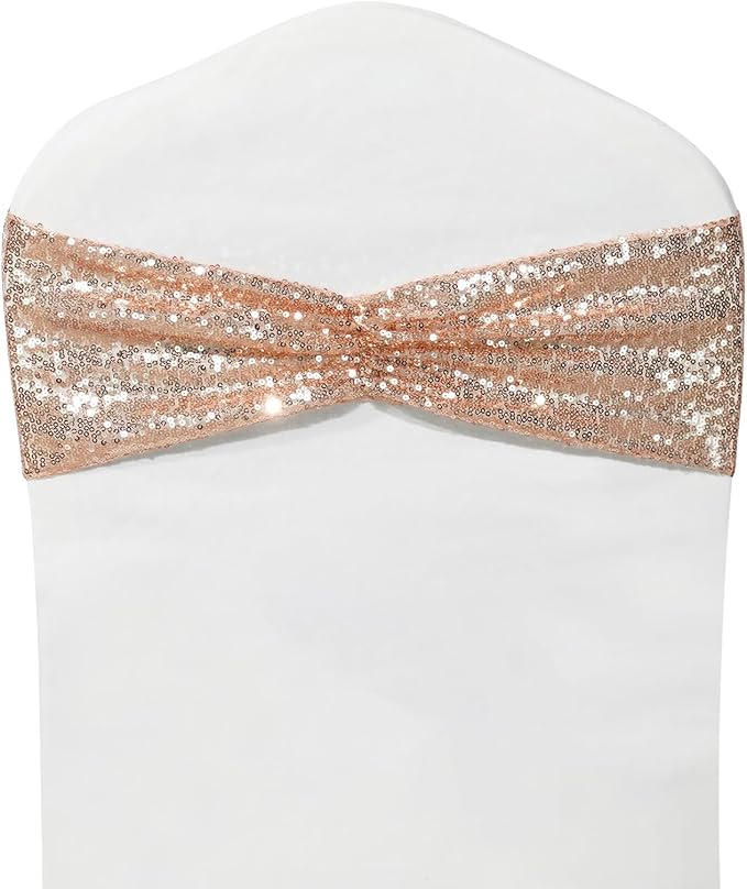 SquarePie Pack of 100 Chair Sashes Bands Rose Gold Stretch Spandex One-Sided Sequin Chair Bows Sashes for Wedding Party Fiesta Decor
