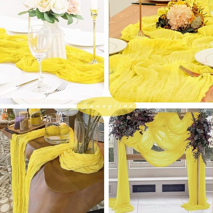 Yellow 6 Pieces Cheesecloth Table Runner 10FT Runner for Tables Gauze Fabric Boho Table Runner Decoration Rustic Sheer Runner for Wedding Shower Birthday Party Table Arbor Decor (35 x 120 Inches Long)