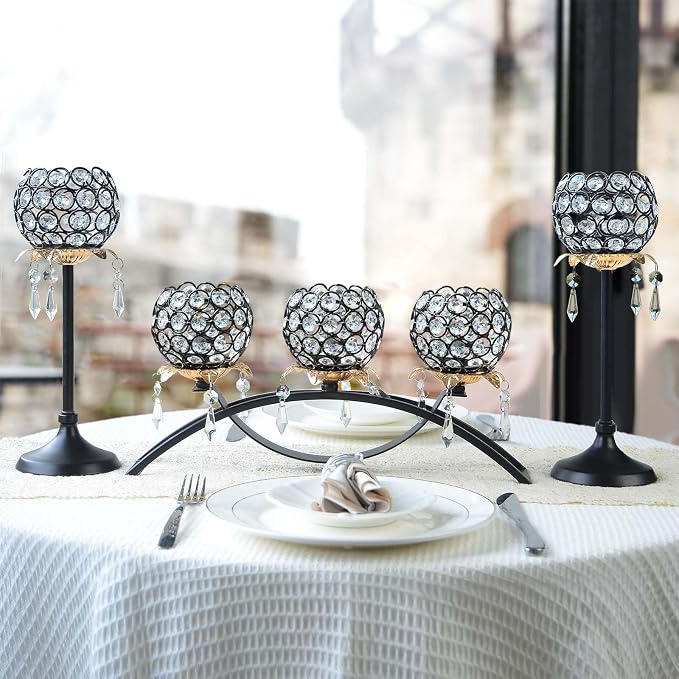 Set of 3 Crystal Tea Light Candlestick Holders Flower Shape with Crystal Pendant Bowl Votive Metal Candle Holder for Table Centerpieces Wedding Home Decor (Black+Gold)