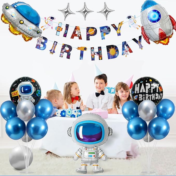 Outer Space Birthday Party Decorations, Space Themed Decor, Spaceship, Rocket, Astronaut Foil Balloon, Happy Birthday Banner, Balloon Stand Kit 2 Sets for Birth day Party Decor Boys