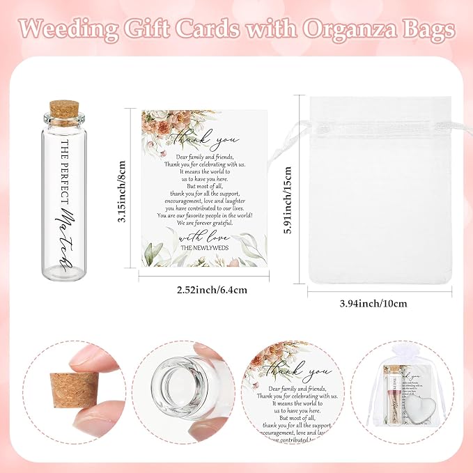 50 Sets Wedding Party Favors for Guests Bulk Including Heart Shaped Candles and Empty Matches Jars with Cork Top Thank You Cards and Organza Bags for Wedding Bridal Shower Party (Boho Flower)