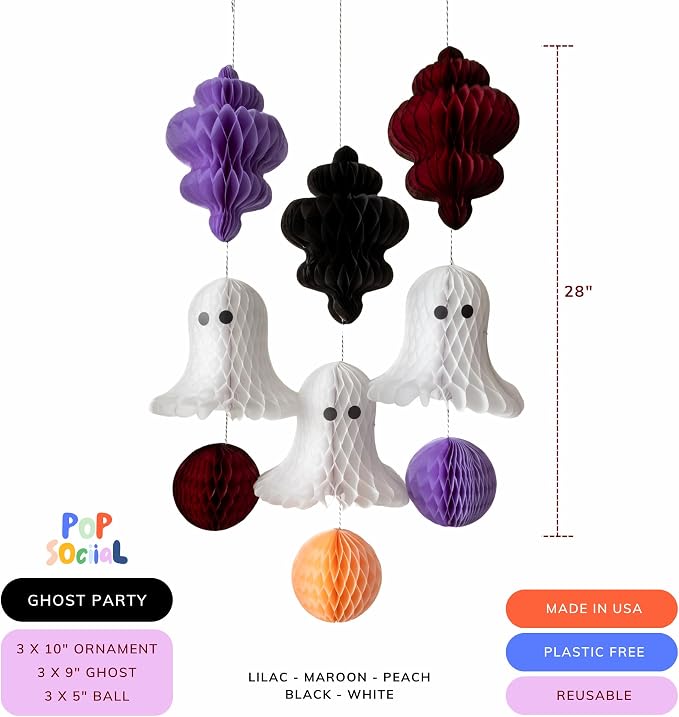 Eco-Friendly Paper Party Decoration Set - Halloween Ghost Party Honeycomb - Made in the USA Plastic-Free FSC Sustainable Recyclable Reusable Pack