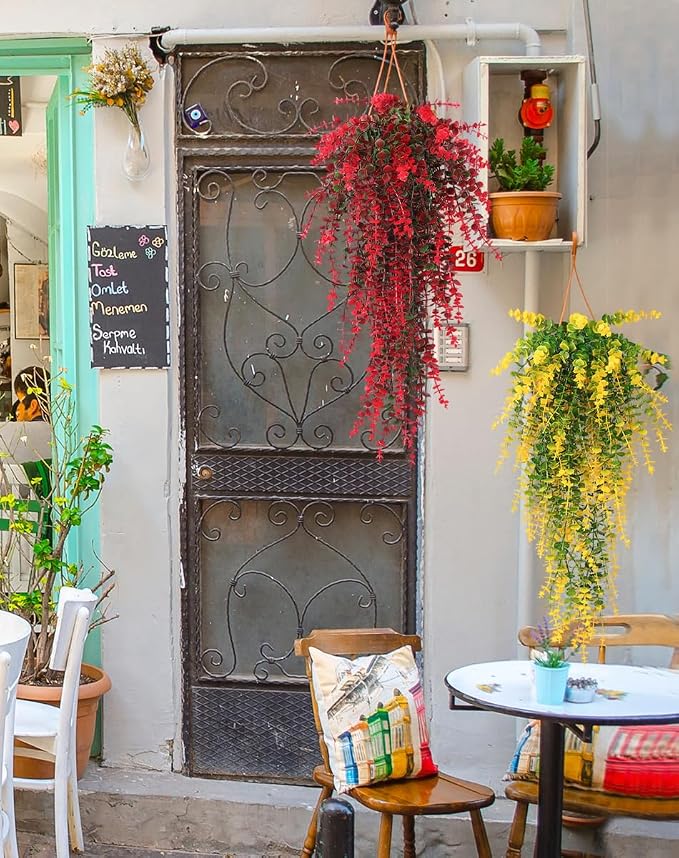 Hanging Artificial Plants Fake Vine Hanging Eucalyptus Leaf Plant Artificial UV Resistant Hanging Green Plant Faux Plants Hanging Wall Decor Outdoor Front Door Yard Garden Porch Decorations(Red)