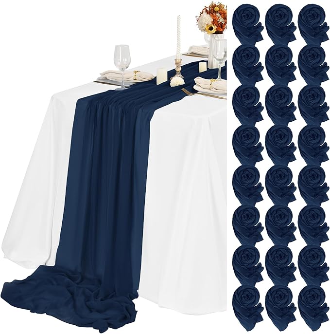 Teruntrue 24 Packs Navy Blue Cheesecloth Table Runner,10ft Rustic Gauze Boho Wedding Table Runner Decoration, Wedding Table Decor Sheer Table Runner for Wedding Party Bridal Shower Table