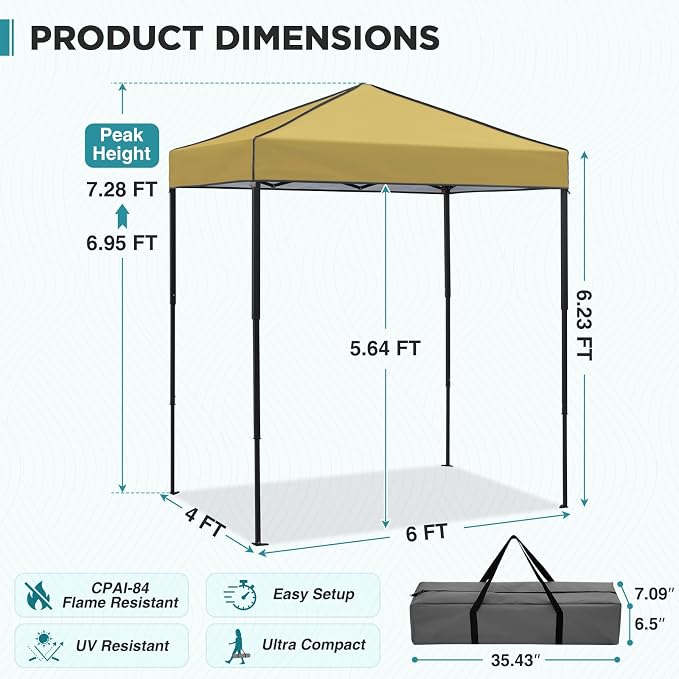 EAGLE PEAK 6x4 Instant Pop Up Canopy Tent, Straight Leg Sun Shelter, Portable Canopy with Carry Bag for Camping, Beach & Sports, Beige