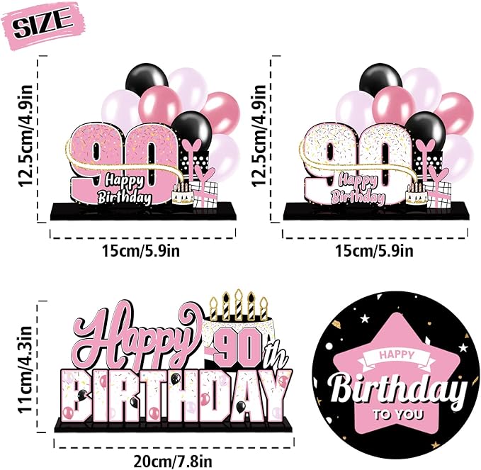 LINGTEER Happy 90th Birthday Pink Acrylic Table Topper Centerpieces Set - Cheers to 90 Years Old Birthday Ninety Bday Party Gift Decorations.