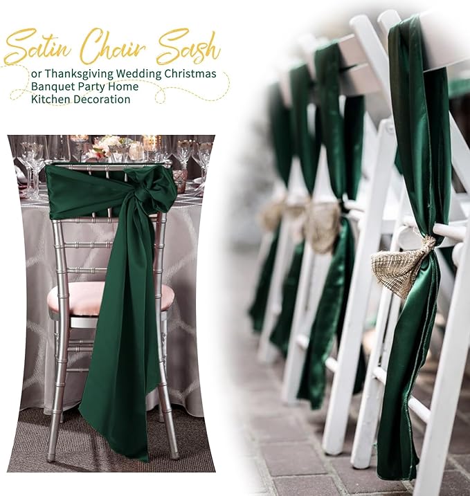120 PCS Emerald Green Satin Chair Sashes, Ties Bows Designed Chairs Decorative, Chair Cover Sashes for Thanksgiving Wedding Christmas Banquet Party Home Kitchen Decoration (7 x 108 inch)