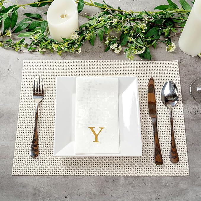 Luxenap 15.8 X 7.9 Inch Linen-Feel Guest Towels, 50 Lettered Hand Towels - Gold Letter 'Y', Sans Serif Font, White Paper Dinner Napkins, airlaid, For Restrooms And Tables - Restaurantware
