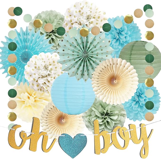 Sage Green Blue Baby Shower Decorations for Boy Oh Boy Banner Tissue Paper Pom Poms Flowers Paper Fans Circle Dot Garland Neutral Party Supplies Baby Boy Gender Reveal Birthday Party Decorations