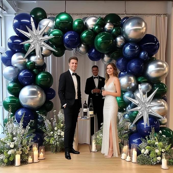 Navy Blue Green Silver Balloon Garland Double Stuffed Dark Green Silver Forest Navy Balloon Metallic Arch Kit for Birthday Football Game Dinosaur Graduation Party Decoration