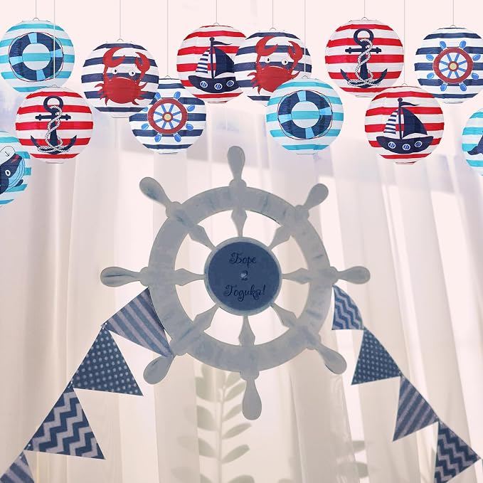 Panelee 12 Pcs Nautical Birthday Party Decorations Anchor Sailor Boat Cruise Ship Theme 8 Inches Hanging Paper Lanterns 8 Inches Round Lanterns for Holiday Navy Baby Shower Party Decor Supplies