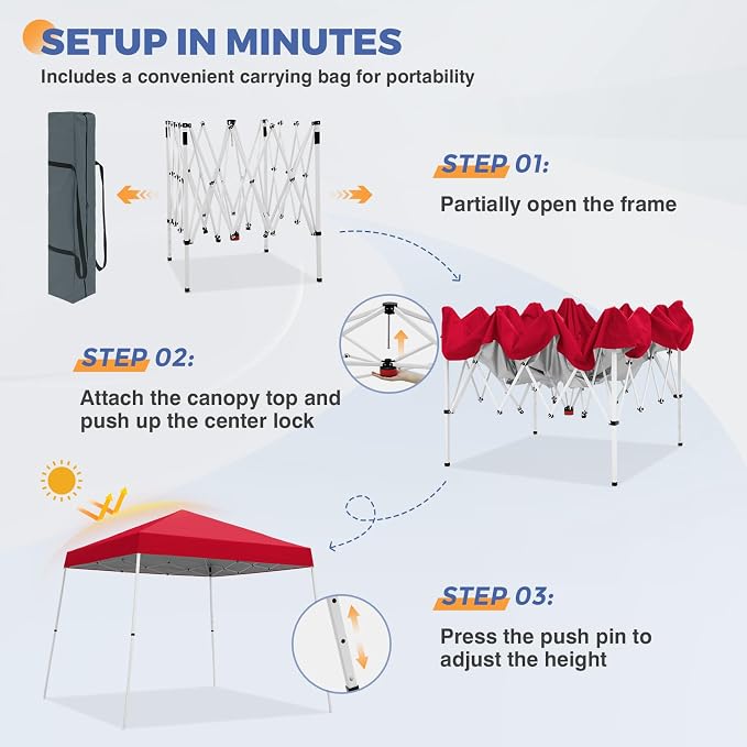COOS BAY 10x10 Pop Up Canopy Tent, Portable Outdoor Shelter with Carry Bag for Tailgate, Party, Beach, Picnic, and Camping, 10x10 Base 8x8 Top, Red