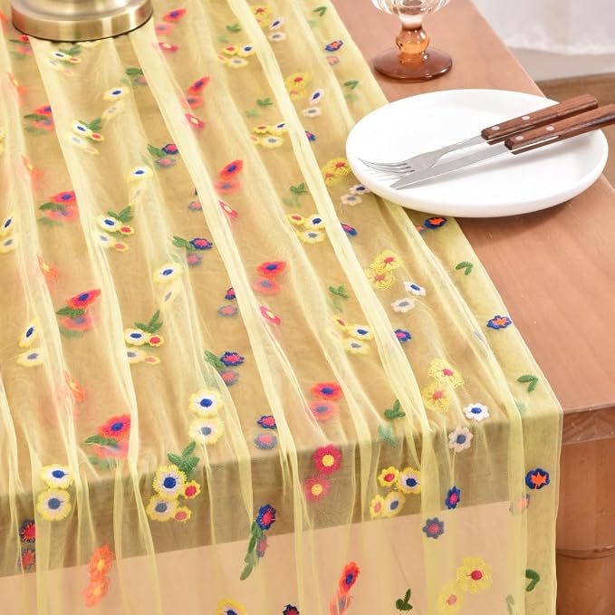 Joanlody Yellow Summer Flower Table Runner 10ft Embroidery Daisy Floral Seasonal Tulle Table Runner for Home Garden Tea Party Holiday Birthday Decoration