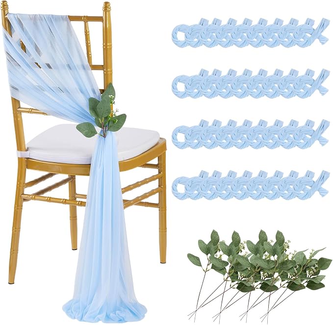 QueenDream Light Blue Sashes Chair Aisle Decorations: 36 Pack Baby Shower Chair Cover 8FT Long Tulle Draping Fabric Wedding Reception Church