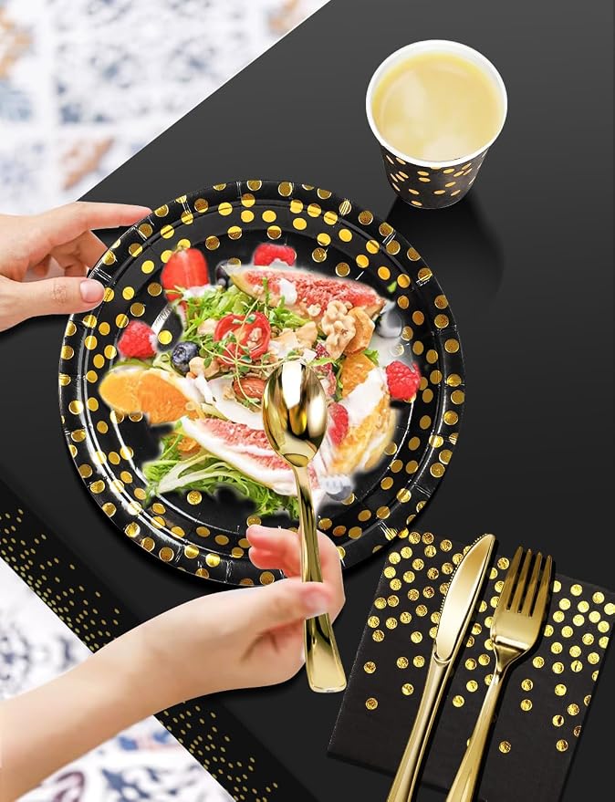 Nkaiso 141 Pieces Black Gold Party Supplies, Disposable Party Decorations Sets Include Paper Plates Napkins Cups, Plastic Forks Knives Spoons, for Baby Shower Birthday Wedding -20 Guests