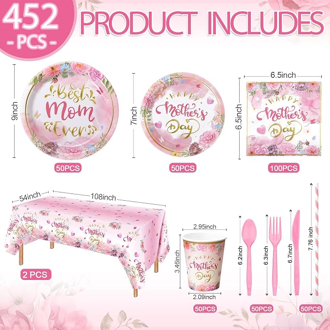 LemonRoad 452 Pcs Mother's Day Decoration for 50 Guests, Pink Gold Floral Happy Mother's Day Paper Plates Napkins Cups Tablecloth Cutlery Straws Disposable Tableware for Best Mom Ever Party Supplies