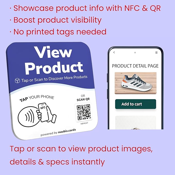 NFC Business QR Code Sign Plate for Linking Your Product Page – Drive Offline Engagement Online – Works Like Review Tap Card & Social Media Sign – No App or Fees – Includes Stand or Adhesive