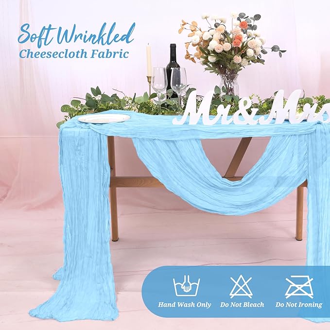 18 Pack Cheesecloth Table Runner Light Blue 10Ft Rustic Boho Gauze Table Runner Romantic Long Sheer Fabric Cheesecloth Table Runner for Wedding Festival Birthday Anniversary Dinner Outdoor Events