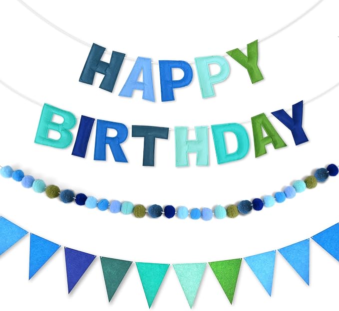 CANREVEL Pre-Strung 3D Rainbow Happy Birthday Banner, 3 PCS Happy Birthday Felt Sign, Pom Pom Garland, Triangle Fabric Bunting, Colorful Reusable Birthday Decorations for Women Men Girls Boys, Blue