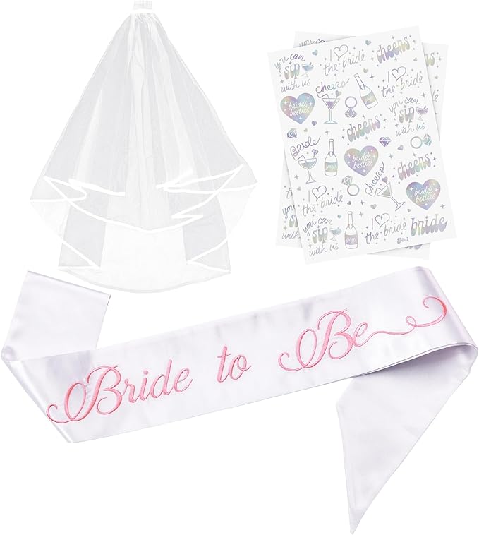 Elegant Bride to Be Sash Set – Embroidered Sash, Plain Veil & Temporary Tattoos – Bridal Shower Hen Night Bachelorette Party Accessories