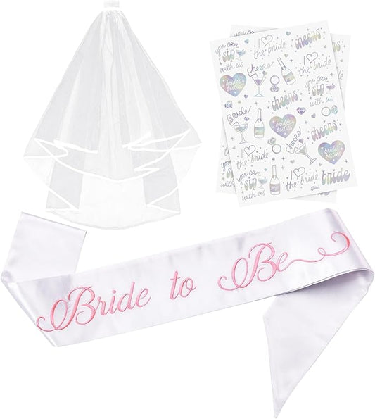 Elegant Bride to Be Sash Set – Embroidered Sash, Plain Veil & Temporary Tattoos – Bridal Shower Hen Night Bachelorette Party Accessories