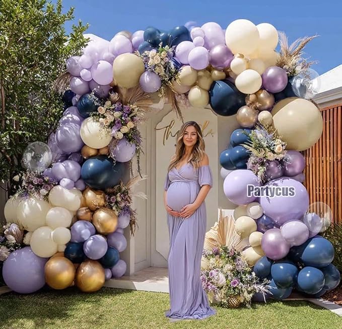 Navy Blue Purple Balloon Arch Double Stuffed Dark Blue Pastel Lavender White Sand Ivory Balloon Garland Kit Clear Bobo Metallic Lilac for Baby Shower Wedding Birthday Mother Day Graduation Party Decor