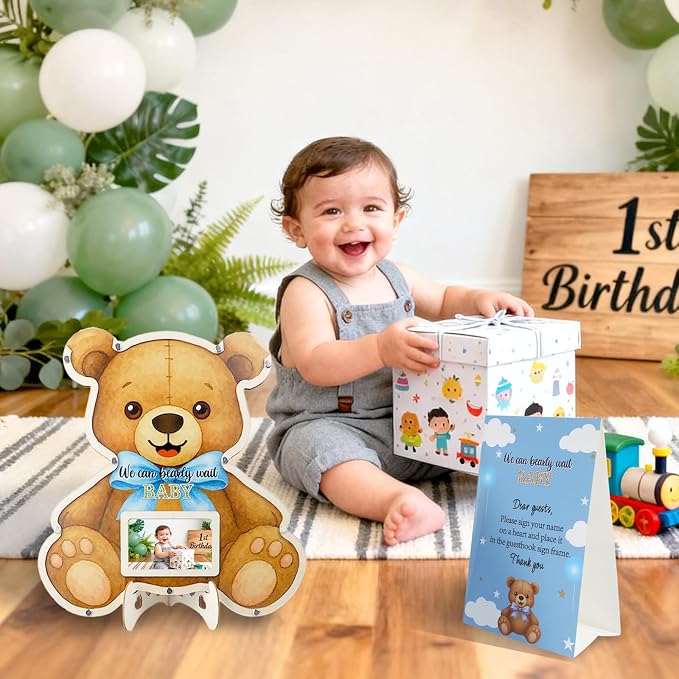 Teddy Bear Baby Shower Decorations,We Can Bearly Wait Baby Shower Guest Book Alternatives with Bear Pen,Photo Frame and 60 Heart Wood Slices for 60 Guests,Gender Reveal Decorations
