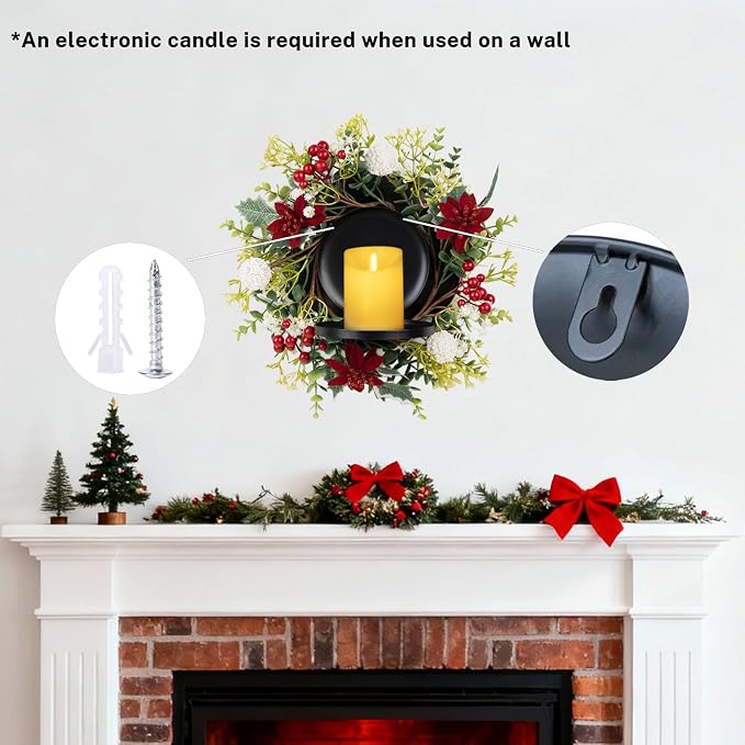 MOYEE Christmas Winter Centerpieces for Tables Candle Ring, Black Metal Candlestick with an Artificial Wreaths 14 in Versatile Dining Table Centerpiece Decor (White Ball Wreath)