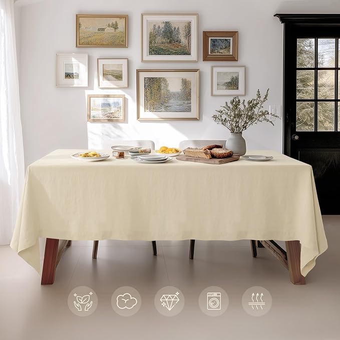 Linen World Linen Tablecloth - 100% French Linen Table Cloth 90" x 132" Inch,Washable Rectangular Tablecloth for Dining,Outdoor,Weddings and Restaurants,Decorative Thanksgiving Christmas,Sand Beige