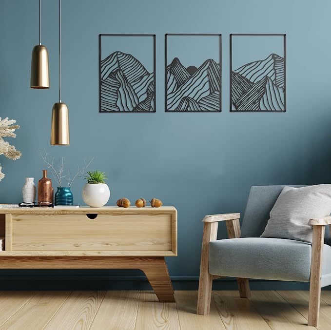 Peryiter 3 Pcs Metal Wall Art Decor Landscape Mountain Wall Hanging Decor for Living Room Abstract Minimalist Modern Mountain Line Pictures Bathroom Office Home Gifts Indoor(Black)