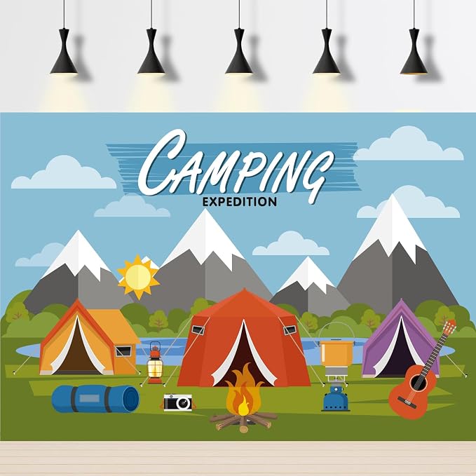 Camping Adventure Backdrop Cartoon Forest Mountain Scenery Camping Expedition Photography Background Outdoor Campfire Camper Tent Backdrop Hiking Climbing Sign Guitar Background 12x8ft