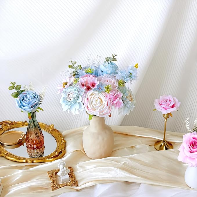 Artificial Flowers Combo Box Set Baby Blue Pink Silk Roses with Stems Crystal DIY Pastel Rainbow Bridal Wedding Bouquets Cake Fake Floral Arrangements Baby Shower Party Table Centerpieces Home Decor