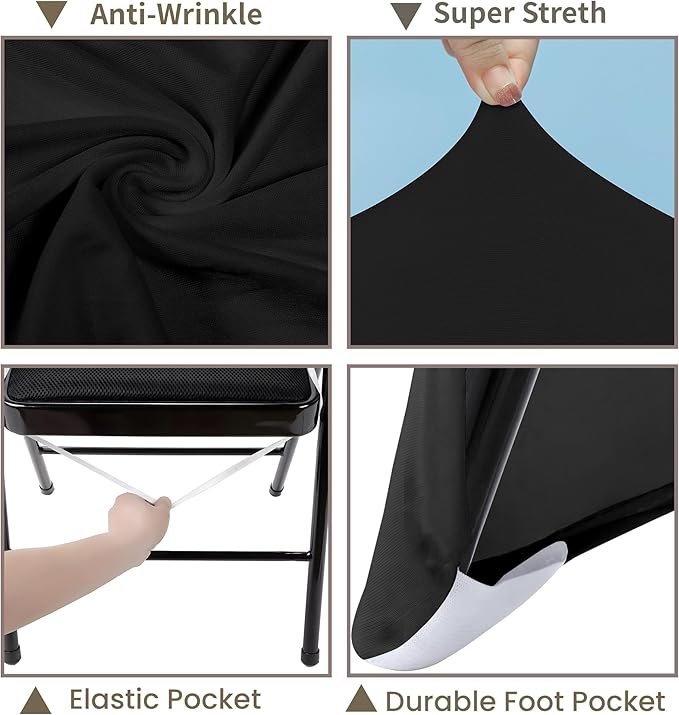 Folding Chair Covers Black Stretch Spandex Chair Covers Upgraded Universal Washable Fitted Chair Slipcovers Protector for Party, Wedding, Holidays, Banquet, Celebration (Black)