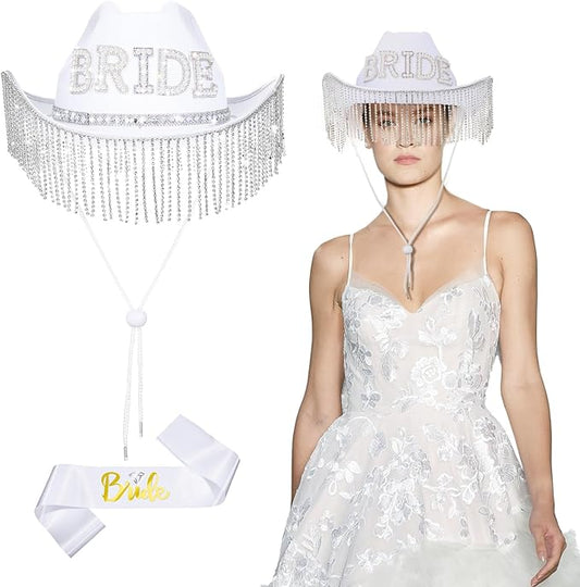 Patelai 2 Pcs Bride Hat Cowgirl Bachelorette Party Cowboy Hat with Rhinestone Tassels Sash Bride to Be Gift Bridal Wedding(Strip Rhinestone Fringe)