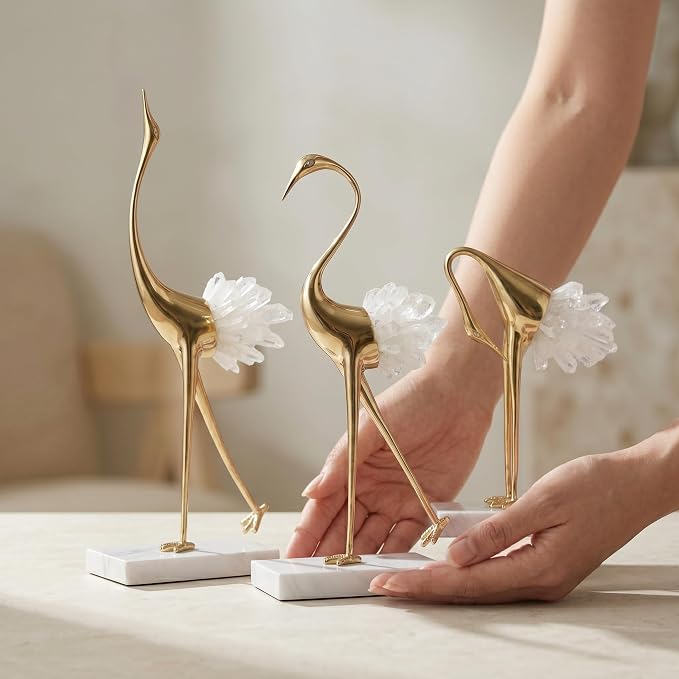 suruim Elegant Gold Crane Bird Statues with Crystal Tail Accents, Decorative Brass Figurines for Home Decor (White C)