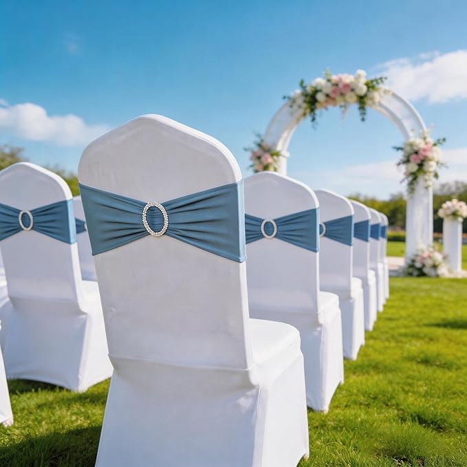 Pack of 50 Stretch Dusty Blue Chair Sashes for Wedding, Elastic Chair Bands with Buckle Slider, Spandex Chairs Bows for Party, Without White Chair Covers (Dusty Blue)