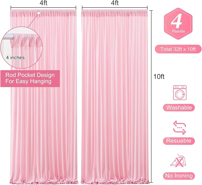 Pink Backdrop Curtains-Wrinkle-Free Polyester Photography Drapes Party Curtain Background for Baby Shower Wedding Decorations- 16 X10FT (Pink)