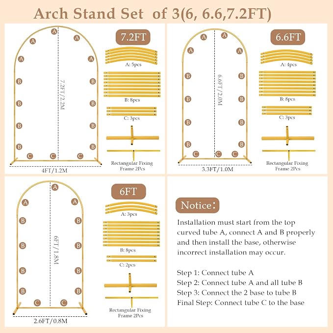 Metal Arch Backdrop Stand Set of 3(7.2 ft, 6.6 ft, 6 ft) Party Arch Stands for Wedding, Birthday, Baby Shower, Bridal Shower, Balloon Arched Frame for Garden Decor, Gold Floral Arches, 3 Pieces
