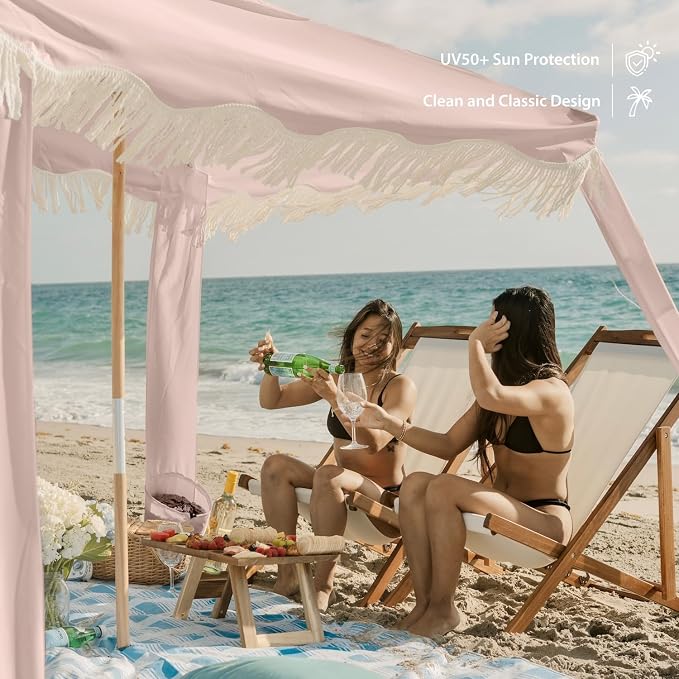 AMMSUN Beach Cabana with Fringe, 7' x 7' Boho Beach Canopy with Tassels, Easy Set up & Premium Wood Pole, Cabana Tent with Sand Pockets, Instant Sun Shade for Sand, Garden, Patio, Pink Coral