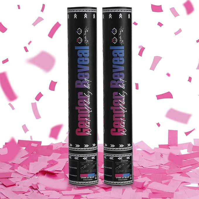 Gender Reveal Pink Confetti Cannon, DOUKEE Baby Shower Pink only Biodegradable Confetti Poppers for Girl Baby Reveal Party - 2 Set