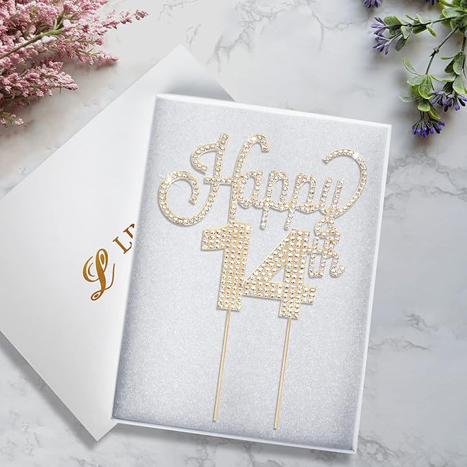 LINGTEER Happy 14th Birthday Gold Rhinestone Cake Topper - Cheers to 14th Birthday Fourteen Years Old Party Cake Centerpieces Topper Decorations Gift Sign.
