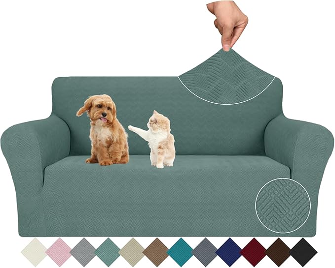 JIVINER Stretch Loveseat Slipcovers 1 Piece Love Seat Sofa Cover Spandex 2 Seater Couch Covers Universal Furniture Protector with Elastic Bottom (Pea Green, Loveseat)