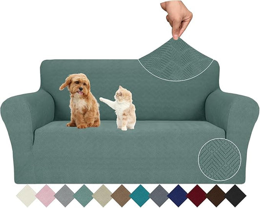 JIVINER Stretch Loveseat Slipcovers 1 Piece Love Seat Sofa Cover Spandex 2 Seater Couch Covers Universal Furniture Protector with Elastic Bottom (Pea Green, Loveseat)