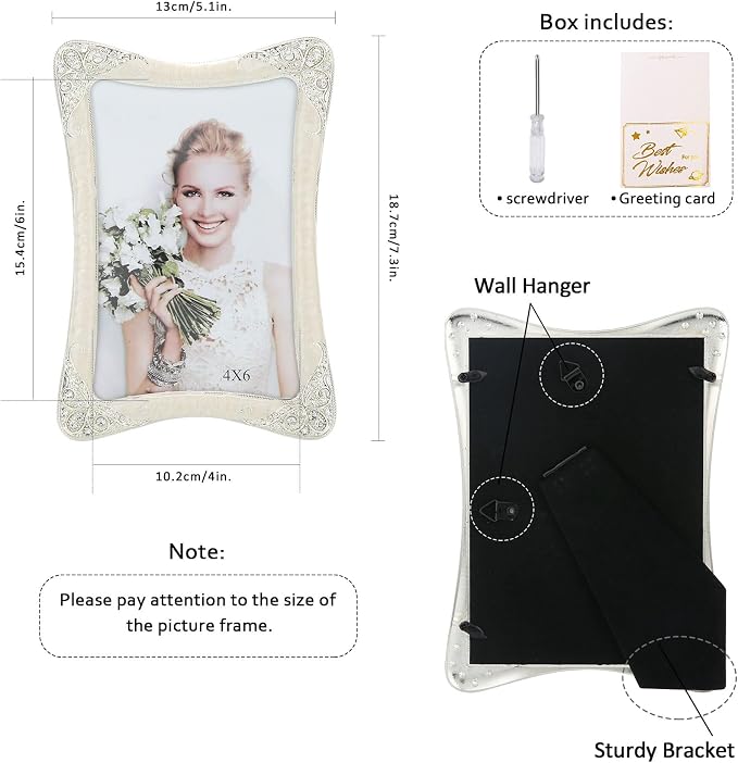 4x6 Vintage Metal Picture Frame Silver Border Floral Photo Frame, Clear HD Glass Front, Tabletop or Wall Art Display, Wedding Mothers Day Gifts for Mom Women, Horizontally & Vertically
