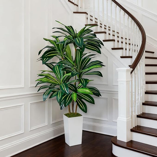 Dracaena Artificial Plants Indoor, 5FT Tall Faux Tree with White Tall Planter, Fake Yucca Tree Floor Plant, Artificial Trees for Home Office Living Room Garden Decor Outdoor, Housewarming Gift