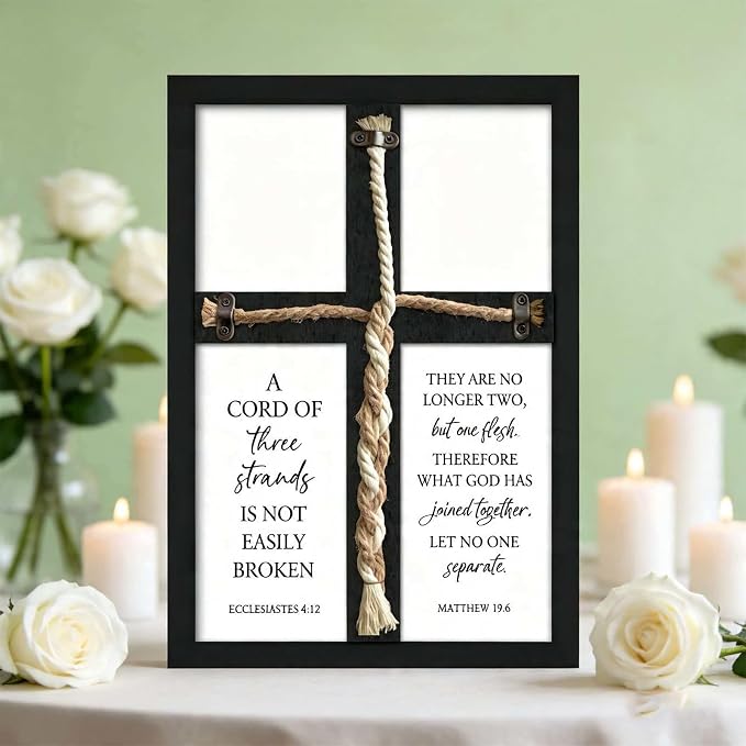 A Cord of Three Strands Wedding Unity Cross Sign Braided Rope Ceremony Art | 15x10 Inch Rustic Farmhouse Black Wood Framed, Christian Marriage Prayer Wall Decor for Couples, Anniversaries & Prayer Rooms